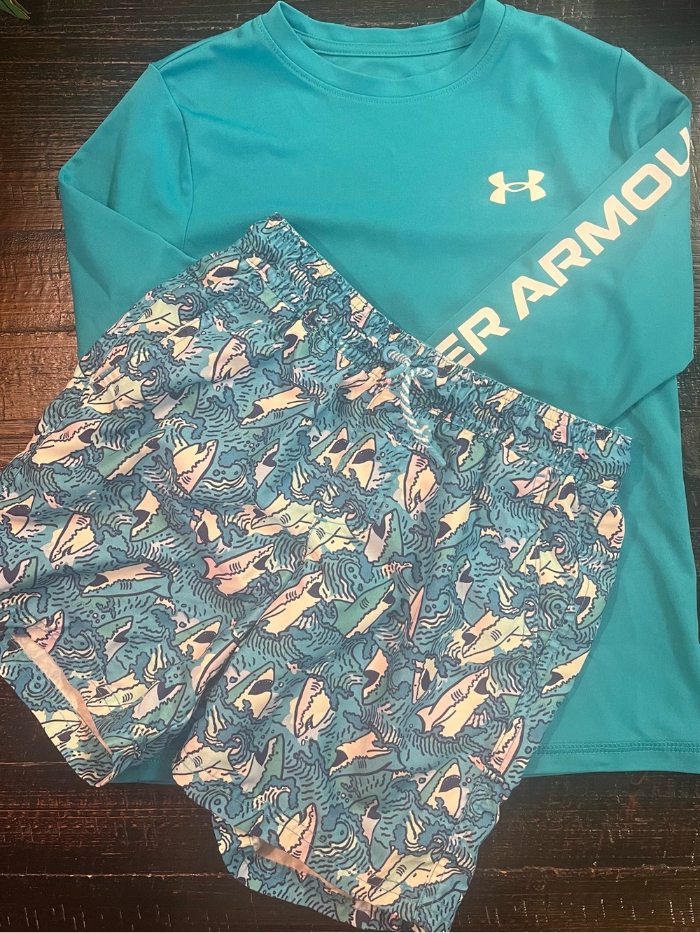 Under Armour Teal Long-Sleeve Rashguard with Shark Print Swim Shorts